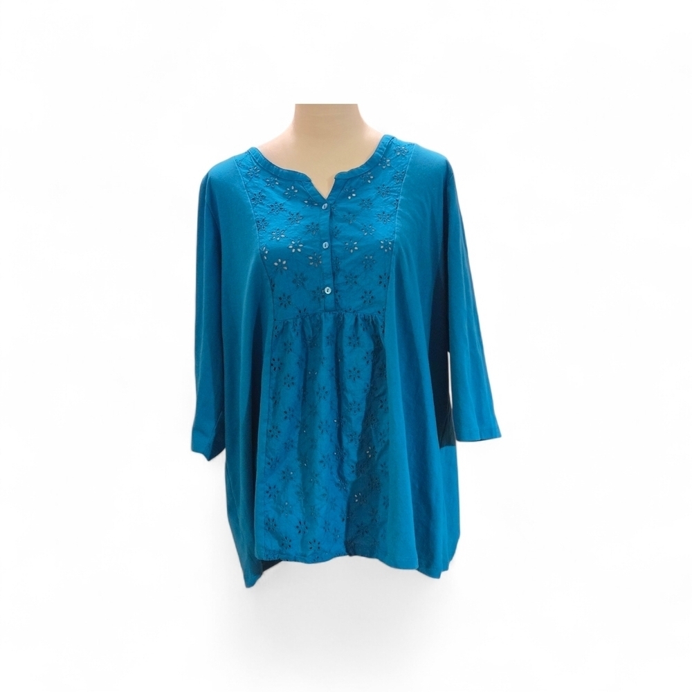 Woman Within Women’s 1X Teal Blue-Green Eyelet Embroidered Tunic Top 3/4 Sleeve